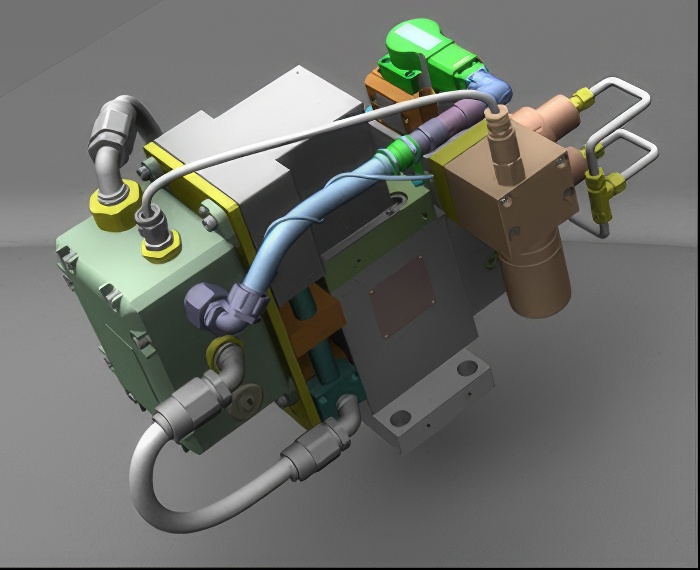 A 3D image of the Moog quick-disconnect-cabling system on the explosion-proof servo valve used with Mitsubishi 501G turbines. Photo credit: Moog Inc.