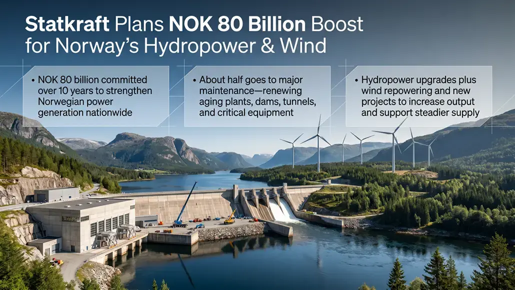 Infographic showing Statkraft’s NOK 80 billion plan for Norway’s hydropower and wind, with three callouts about strengthening generation, maintenance, and new projects.
