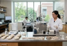 Belgium and the Netherlands Strengthen Ties Through Nuclear Energy Cooperation Female scientist in a white lab coat adjusts a distillation setup on a bench with fiber samples nearby in a bright chemistry lab.