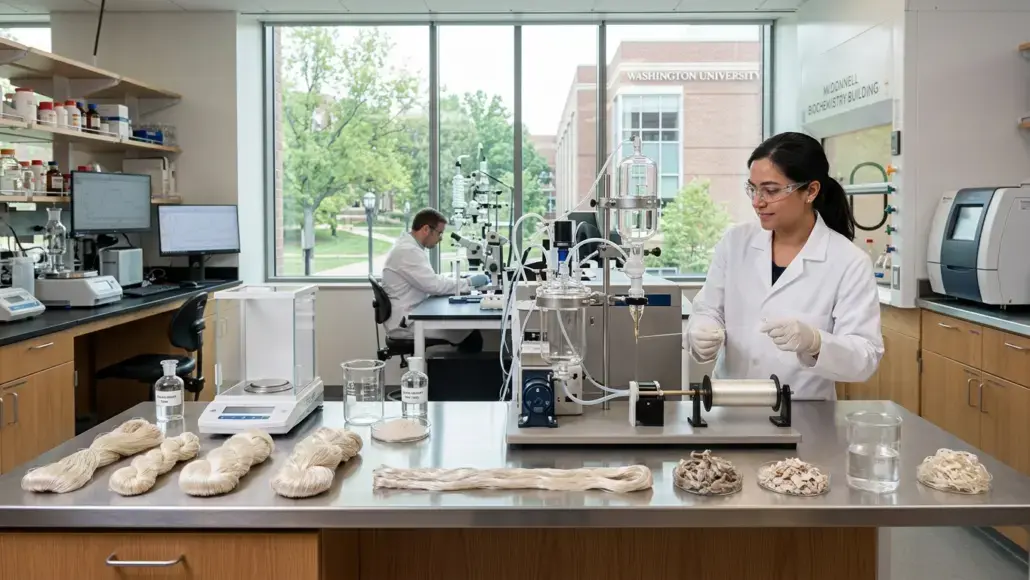 Female scientist in a white lab coat adjusts a distillation setup on a bench with fiber samples nearby in a bright chemistry lab.