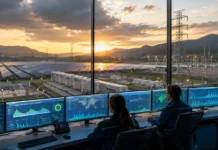Solar Grid Integration for Reliable Power Systems Control room operators monitor data on multiple screens as a solar farm and power lines are visible outside at sunset.