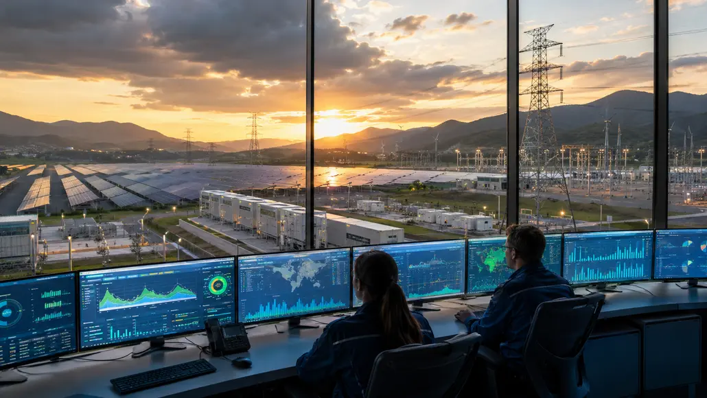 Control room operators monitor data on multiple screens as a solar farm and power lines are visible outside at sunset.