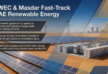 EWEC and Masdar Sign Collaboration Framework Agreement to Accelerate UAE Renewable Energy Goals Informational banner: EWEC & Masdar Fast-Track UAE Renewable Energy. Three callouts: 1) Framework agreement to speed up planning and delivery of large-scale clean energy projects; 2) Scale-up of solar plus battery storage to keep the grid stable as renewables grow; 3) Boost local suppliers and Emirati clean-energy skills while supporting cleaner water production. Background shows solar panels and desert energy facility with power lines.