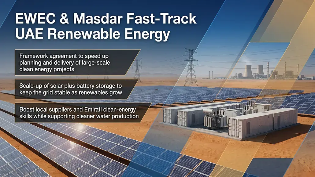 Informational banner: EWEC & Masdar Fast-Track UAE Renewable Energy. Three callouts: 1) Framework agreement to speed up planning and delivery of large-scale clean energy projects; 2) Scale-up of solar plus battery storage to keep the grid stable as renewables grow; 3) Boost local suppliers and Emirati clean-energy skills while supporting cleaner water production. Background shows solar panels and desert energy facility with power lines.