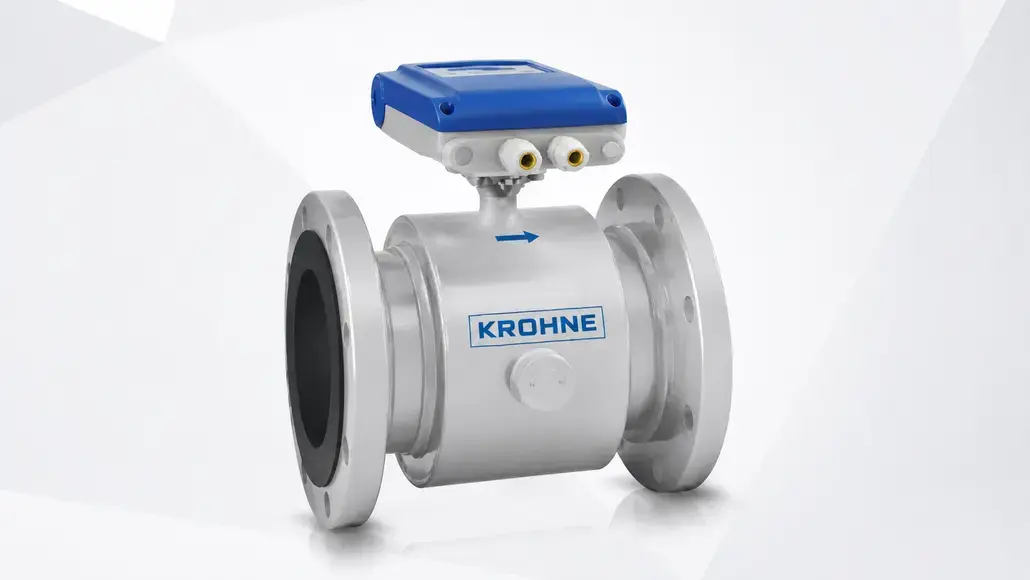 Industrial flow valve (KROHNE) with blue actuator mounted on top, flanged ends for pipeline installation.