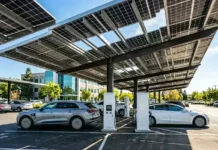 Solar EV Charging Supporting Clean Mobility Expansion Two electric cars charging at a solar-powered carport in a parking lot with a modern building in the background.
