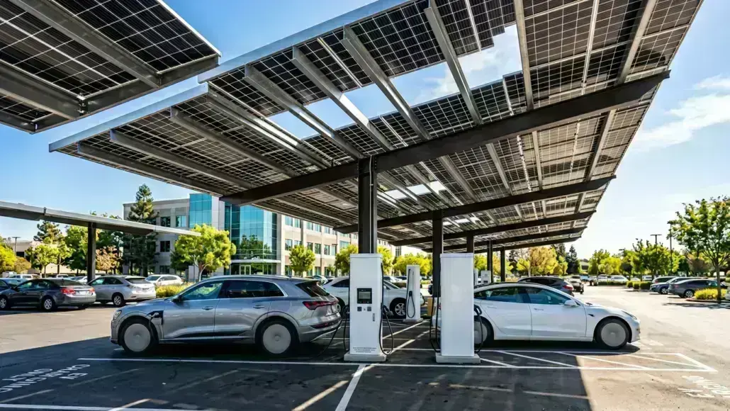 Two electric cars charging at a solar-powered carport in a parking lot with a modern building in the background.
