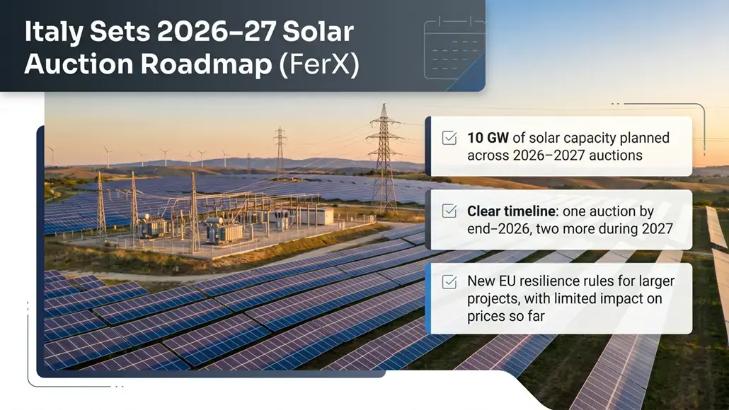 Infographic on Italy's 2026–27 solar auction roadmap with a background of solar panels; header reads 'Italy Sets 2026–27 Solar Auction Roadmap (FerX)' and three callouts: '10 GW of solar capacity planned across 2026–2027 auctions', 'Clear timeline: one auction by end-2026, two more during 2027', and 'New EU resilience rules for larger projects, with limited impact on prices so far.'