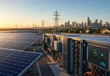 Solar Plus Storage Systems Enhancing Energy Reliability Solar panels on a rooftop with a city skyline and power equipment in the foreground at sunset.