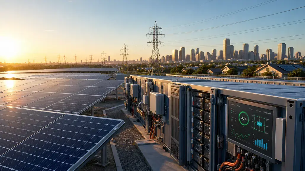 Solar panels on a rooftop with a city skyline and power equipment in the foreground at sunset.