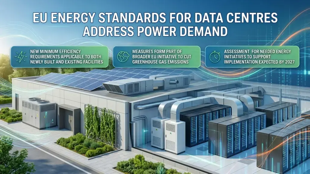 EU energy standards for data centres and power demand; banners summarize efficiency requirements, emissions reduction measures, and 2027 implementation assessment.