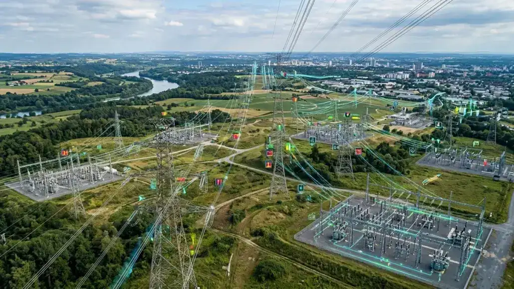 Aerial view of a large electrical substation and transmission lines across a rural landscape with a river and distant city skyline.