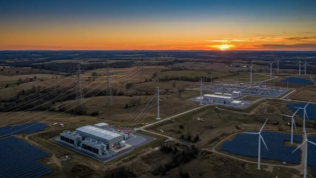 Rural energy farm at sunset showing solar panels, wind turbines, and a power substation connected by high-voltage lines.