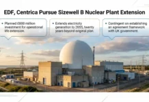 EDF, Centrica Pursue Sizewell B Nuclear Plant Extension EDF, Centrica pursue Sizewell B Nuclear Plant Extension: a nuclear facility with three speech-bubble callouts about investment, generation to 2055, and a UK government framework.