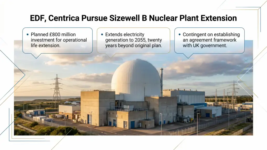 EDF, Centrica pursue Sizewell B Nuclear Plant Extension: a nuclear facility with three speech-bubble callouts about investment, generation to 2055, and a UK government framework.