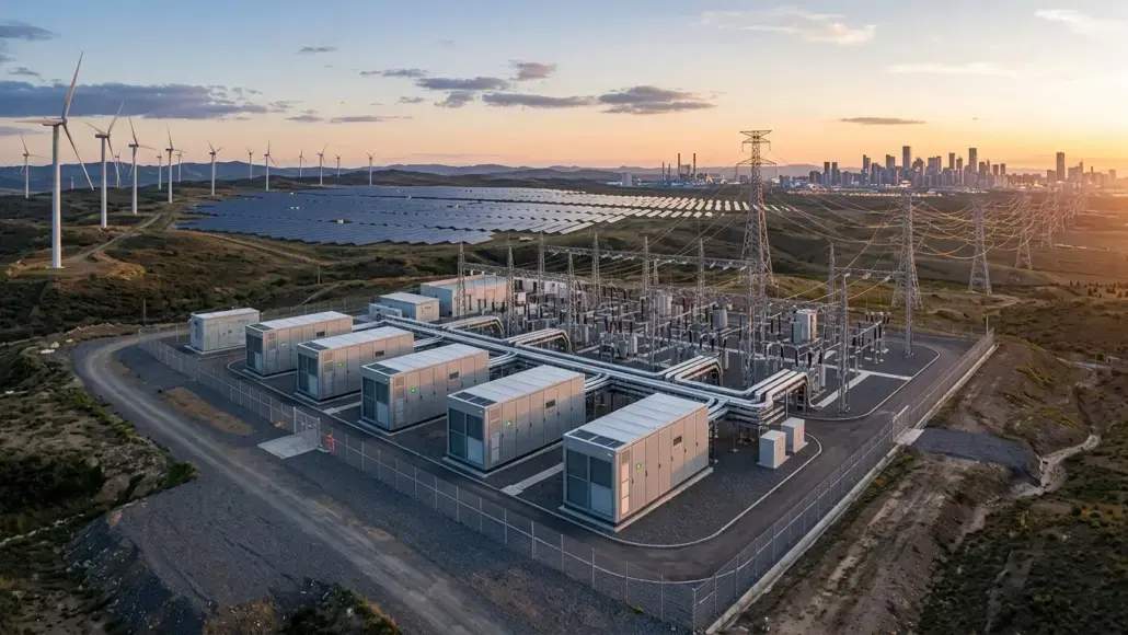 Renewable energy site at sunset featuring wind turbines, a solar farm, and a high‑voltage substation with transmission lines near a distant city skylineIf needed, keep it concise and avoid starting with 'Image of'