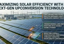 Nanoscale Light Upconversion Boosts Solar Cells, Says UNSW Solar farm with a bold title about upconversion technology; three right-side panels describe infrared capture, photon upconversion, and PV efficiency gains.