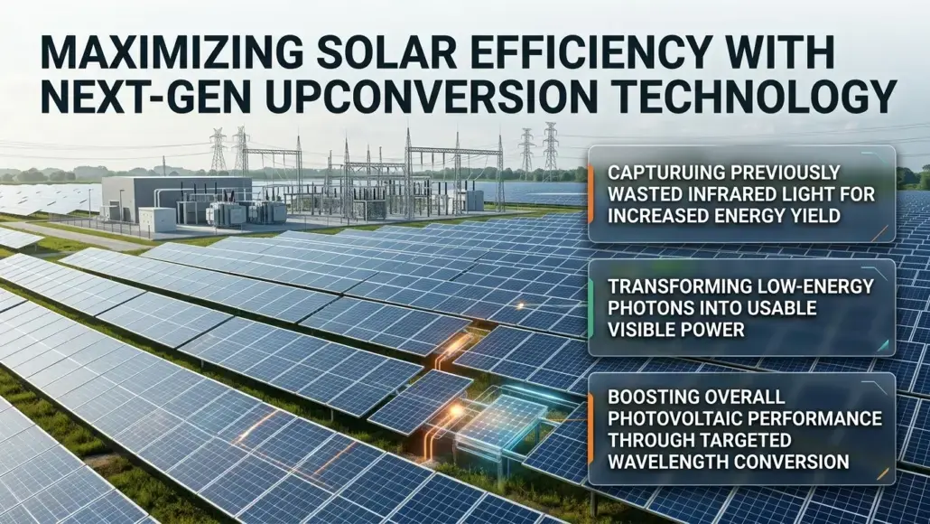 Solar farm with a bold title about upconversion technology; three right-side panels describe infrared capture, photon upconversion, and PV efficiency gains.
