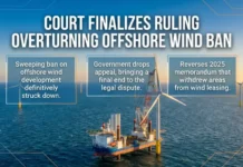 Federal Court Finalizes Ruling Against Offshore Wind Ban After Government Drops Appeal Graphic about a court ruling overturning the offshore wind ban, with three text boxes summarizing the decision and actions.