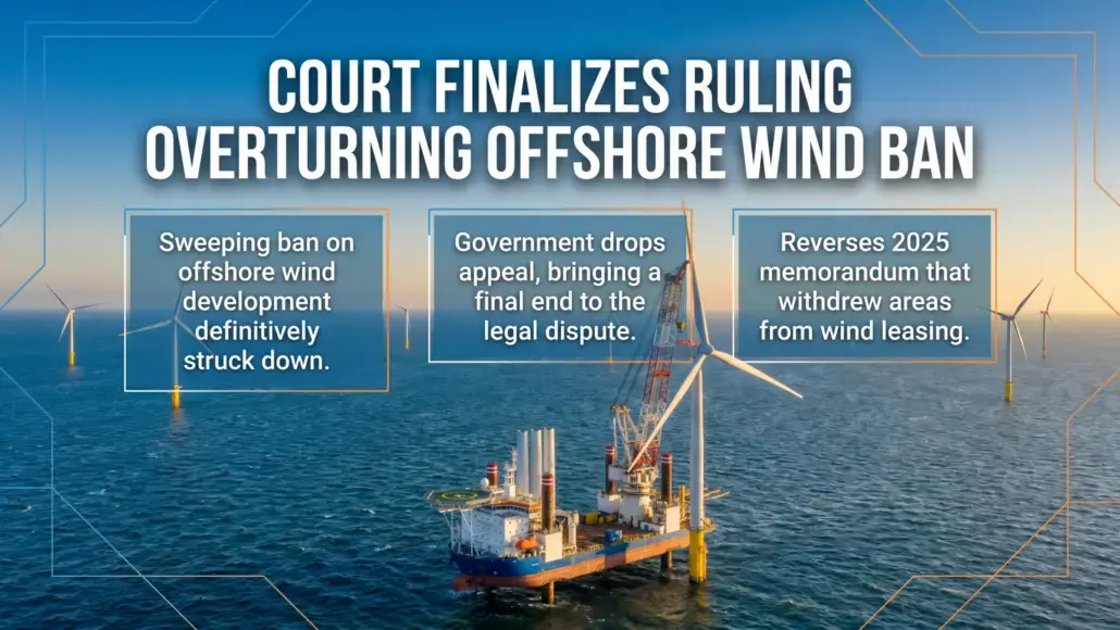 Graphic about a court ruling overturning the offshore wind ban, with three text boxes summarizing the decision and actions.