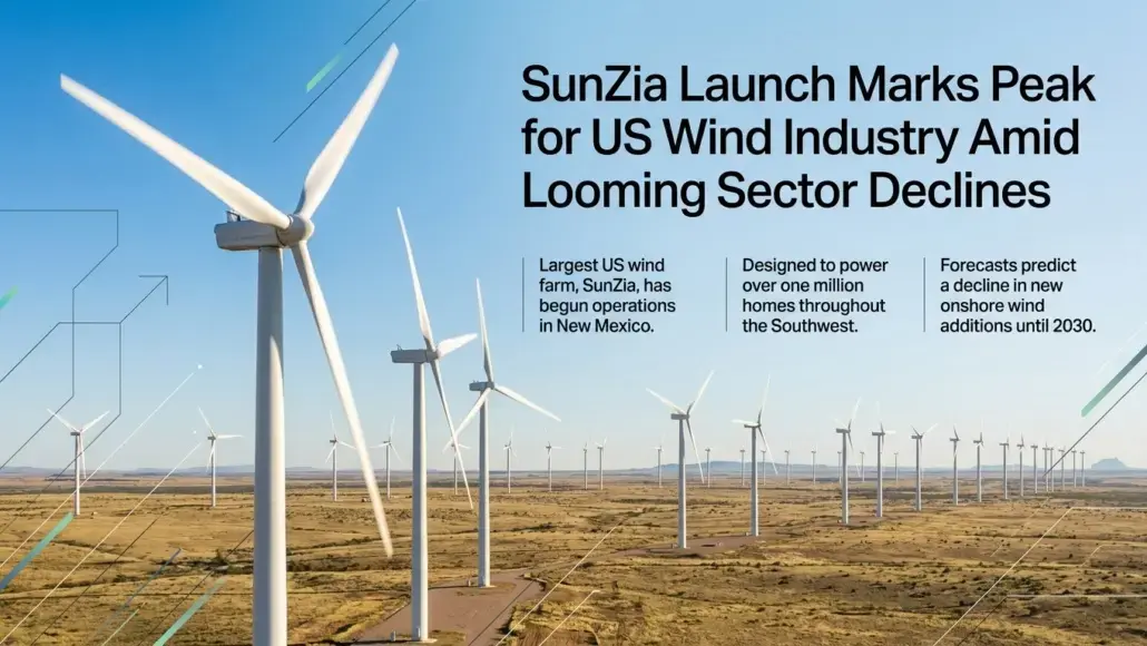SunZia launch marks peak for US wind industry amid looming sector declines, shown by a desert wind farm under a bright blue sky with turbines in the foreground.
