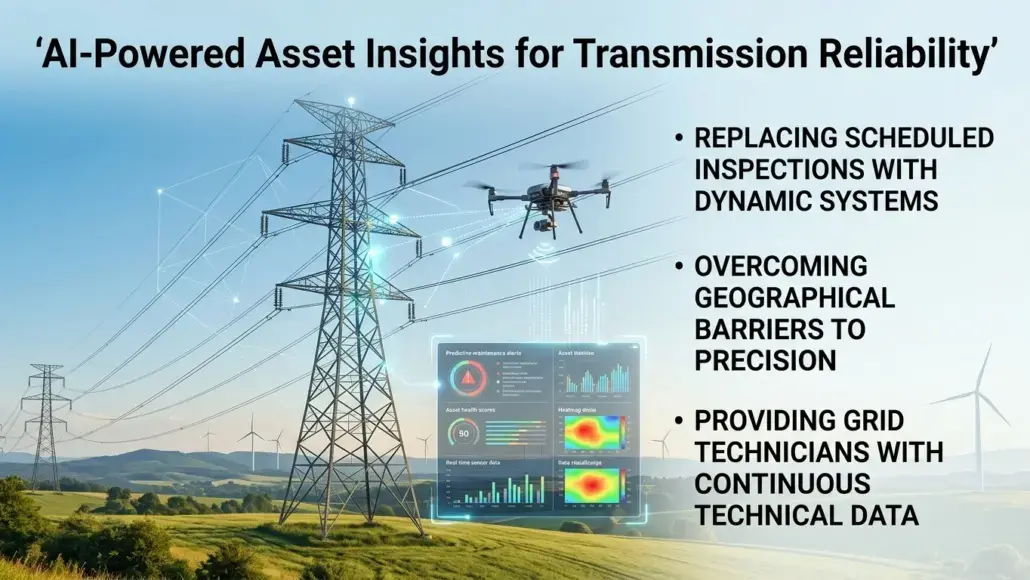 Slide about AI-powered asset insights for transmission reliability: power lines, a drone, wind turbines, and a hovering holographic data dashboard with three bullet points about inspections, geographical barriers, and grid data.