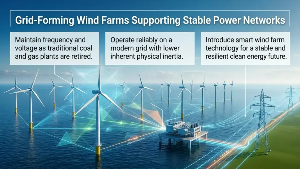 Offshore wind farm scene illustrating grid-forming wind farms supporting stable power networks with three callouts about grid stability and technology.
