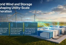 Hybrid Wind and Storage Reshaping Utility-Scale Generation Wind farm with storage modules and solar-like digital panels; headline reads 'Hybrid Wind and Storage Reshaping Utility-Scale Generation' with three blue info panels about integration, storage evolution, and hybrid solutions.