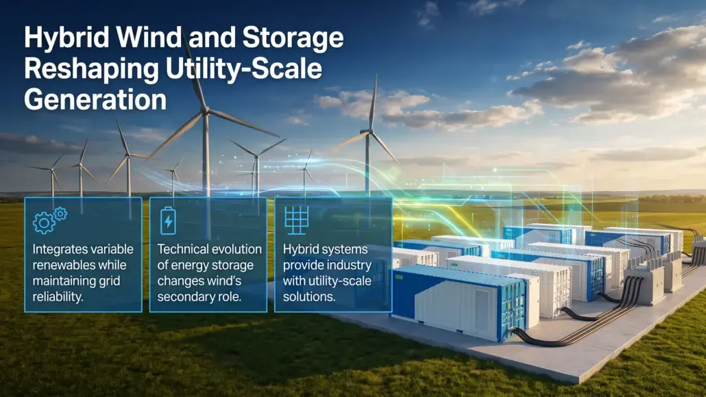 Wind farm with storage modules and solar-like digital panels; headline reads 'Hybrid Wind and Storage Reshaping Utility-Scale Generation' with three blue info panels about integration, storage evolution, and hybrid solutions.