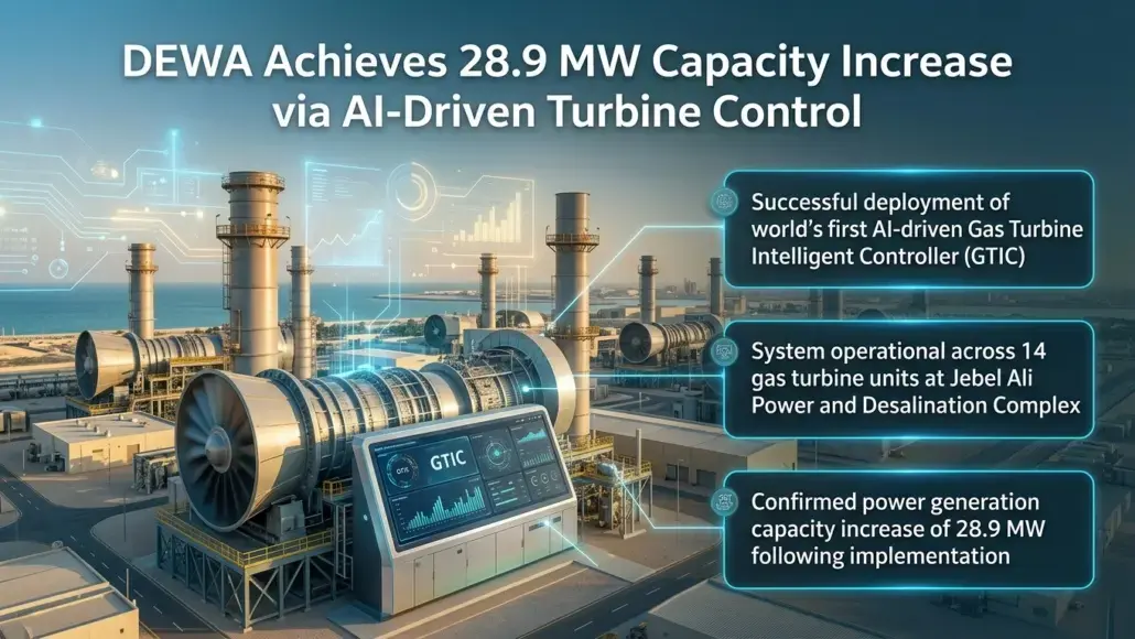 DEWA announces 28.9 MW capacity gain from AI-driven turbine control at a gas power plant with GTIC interface panels as overlays.