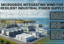 Microgrids Integrating Wind for Resilient Industrial Power Supply Industrial complex by the coast with wind turbines, demonstrating a wind-powered microgrid for resilient industrial power and accompanying info panels explaining benefits.