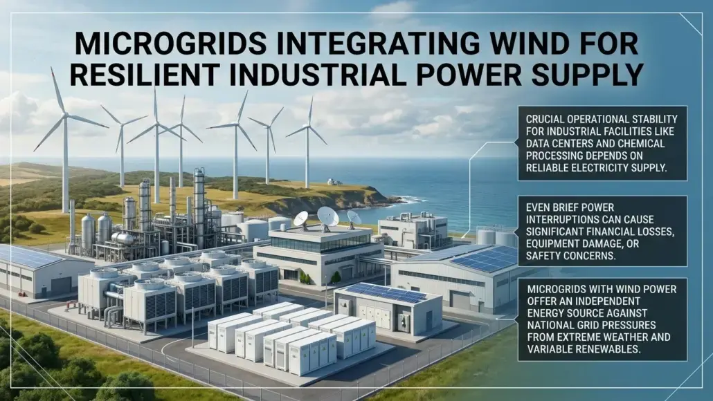 Industrial complex by the coast with wind turbines, demonstrating a wind-powered microgrid for resilient industrial power and accompanying info panels explaining benefits.