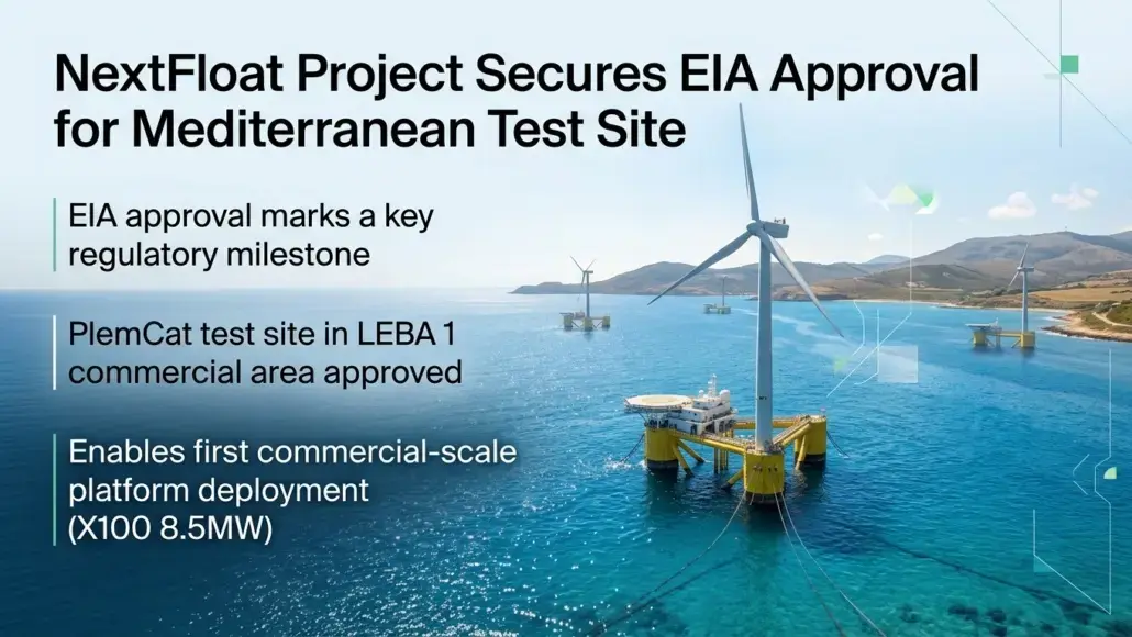 Infographic about NextFloat Project securing EIA approval for a Mediterranean offshore test site, listing milestones and an 8.5 MW deployment.]
