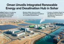 Oman Unveils Integrated Renewable Energy and Desalination Hub in Sohar Aerial view of Sohar's energy hub showing wind turbines, solar farms, a desalination plant with storage tanks, and a busy port with containers and cranes—illustrating renewable energy and water production.
