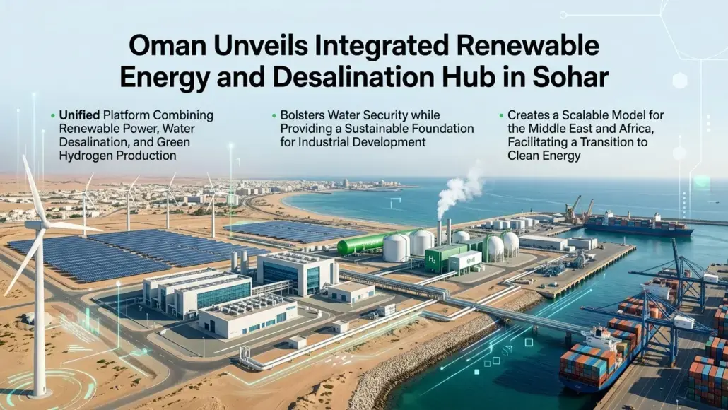 Aerial view of Sohar's energy hub showing wind turbines, solar farms, a desalination plant with storage tanks, and a busy port with containers and cranes—illustrating renewable energy and water production.