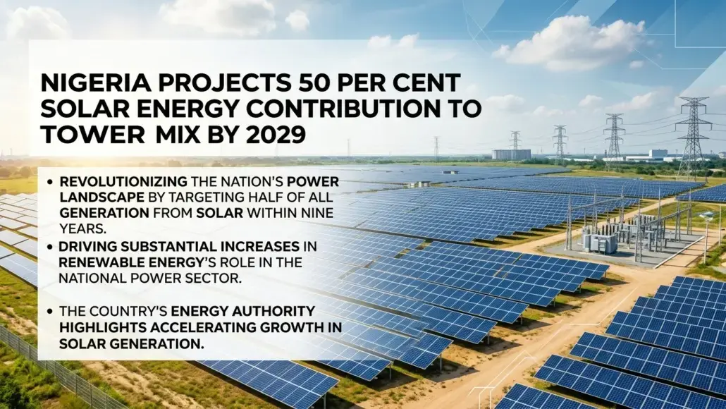 Infographic-like photo of a large solar farm with rows of panels and transmission towers; title reads Nigeria projects 50 per cent solar energy contribution to power mix by 2029 with three bullet goals about solar leadership and growth.