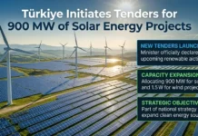 Tรผrkiye Initiates Tenders for 900 MW of Solar Energy Projects Solar farm with wind turbines and three right-side callouts: NEW TENDERS LAUNCHED: Minister officially declares upcoming renewable actions; CAPACITY EXPANSION: Allocating 900 MW for solar and 1.5 W for wind projects; STRATEGIC OBJECTIVE: Part of national strategy to expand clean energy sources.