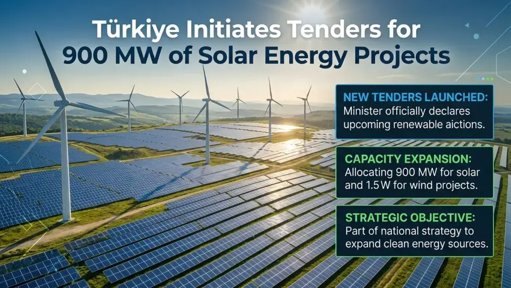 Solar farm with wind turbines and three right-side callouts: NEW TENDERS LAUNCHED: Minister officially declares upcoming renewable actions; CAPACITY EXPANSION: Allocating 900 MW for solar and 1.5 W for wind projects; STRATEGIC OBJECTIVE: Part of national strategy to expand clean energy sources.