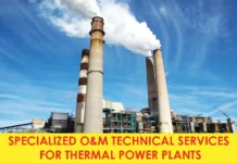 ย AI Implementation in Thermal Power Generation Industrial power plant with tall smokestacks and a yellow banner at the bottom that reads 'SPECIALIZED O&M TECHNICAL SERVICES FOR THERMAL POWER PLANTS'.