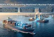 IAEA Launches ATLAS Initiative to Advance Nuclear Energy in Shipping and Floating Power Plants IAEA's ATLAS infographic showing a cargo ship with glowing blue circuit overlays and three callouts about a global initiative, 26-country backing, and licensing of atomic tech at sea.