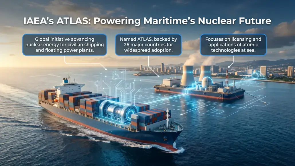 IAEA's ATLAS infographic showing a cargo ship with glowing blue circuit overlays and three callouts about a global initiative, 26-country backing, and licensing of atomic tech at sea.