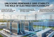 Electrolyzer Flexibility Supporting Renewable Grid Balancing Infographic showing electrolyzers with solar panels and wind turbines in the background, illustrating grid stability.