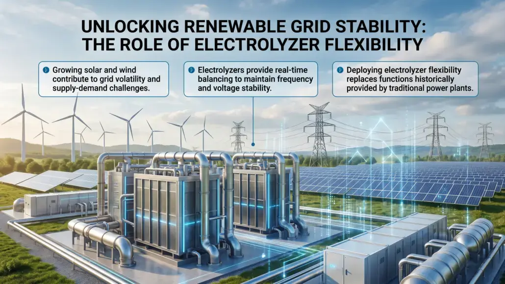 Infographic showing electrolyzers with solar panels and wind turbines in the background, illustrating grid stability.