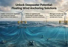 Floating Wind Anchoring Technologies Enabling Deeper Offshore Deployment Offshore floating wind farm with moored platforms and cables; text highlights deepwater expansion, stable anchoring, and dynamic load management.