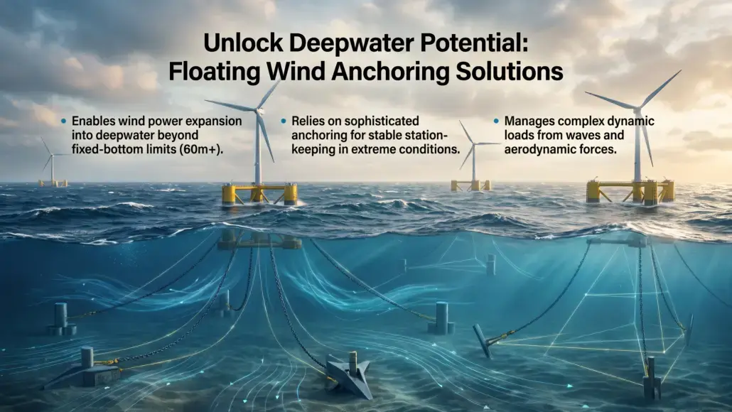 Offshore floating wind farm with moored platforms and cables; text highlights deepwater expansion, stable anchoring, and dynamic load management.