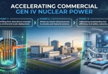 Generation IV Reactors Drive Commercial-Scale Nuclear Deployment Infographic titled 'Accelerating Commercial Gen IV Nuclear Power' showing a nuclear plant, reactor cross-section, and a robotics lab with screens, outlining three key points: deployment, science advances, safety concerns.