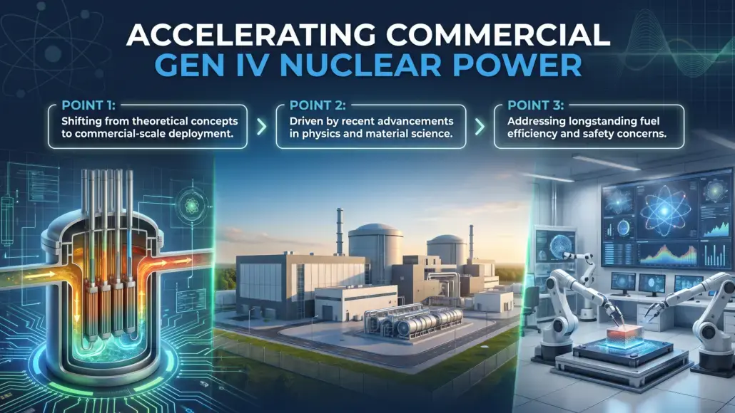 Infographic titled 'Accelerating Commercial Gen IV Nuclear Power' showing a nuclear plant, reactor cross-section, and a robotics lab with screens, outlining three key points: deployment, science advances, safety concerns.