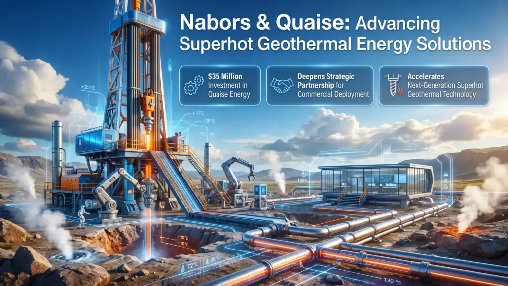 Geothermal drilling rig with pipelines and a modern control facility, illustrating a large-scale energy project site.