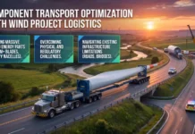 Turbine Component Transport with Wind Project Logistics Wind turbine blade transported on a trailer truck along a winding highway at sunset, with three teal panels on logistics topics in the foreground.