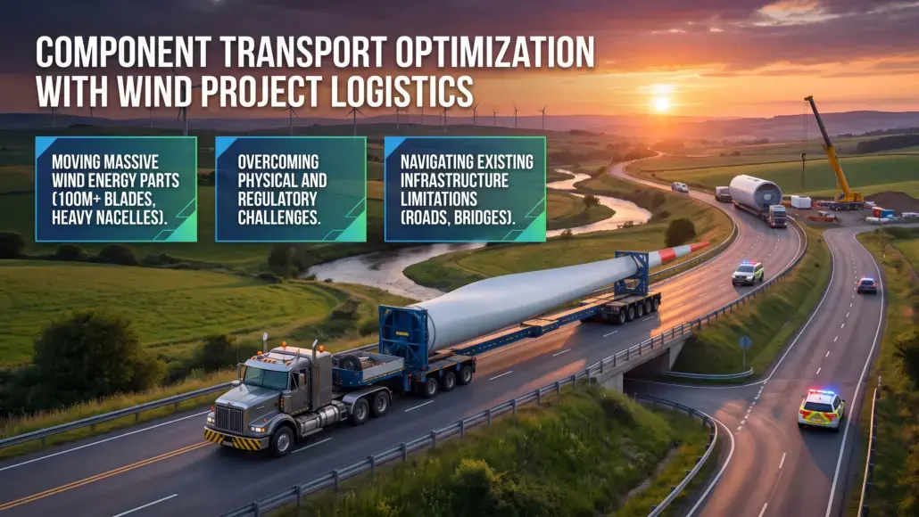 Wind turbine blade transported on a trailer truck along a winding highway at sunset, with three teal panels on logistics topics in the foreground.